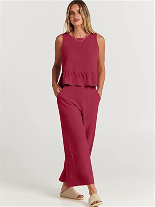 Womens Sleeveless Pleated Top Wide Leg Cropped Pants SIZE S-2XL