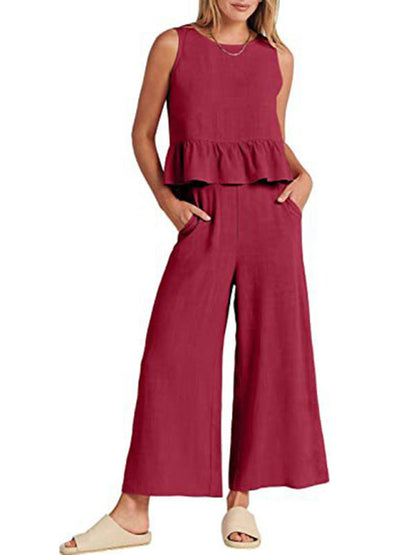 Womens Sleeveless Pleated Top Wide Leg Cropped Pants SIZE S-2XL