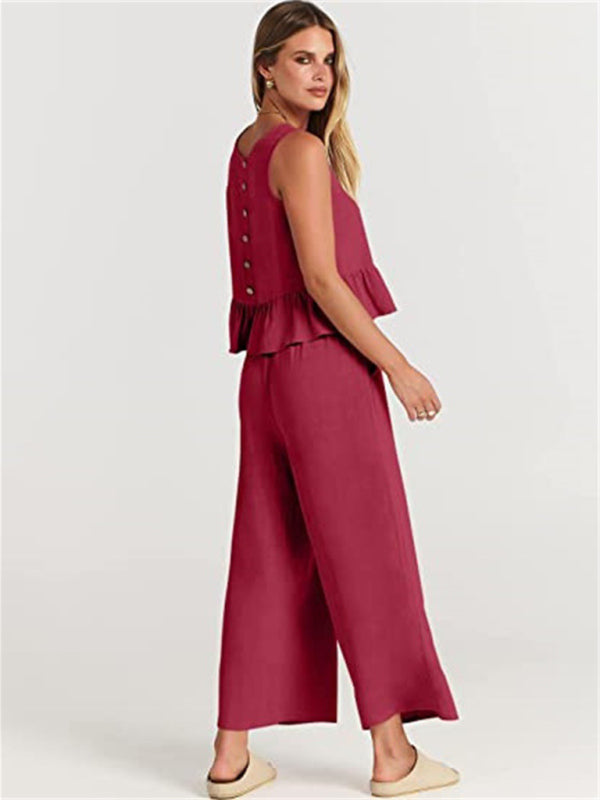 Womens Sleeveless Pleated Top Wide Leg Cropped Pants SIZE S-2XL