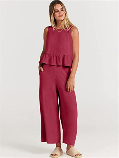 Womens Sleeveless Pleated Top Wide Leg Cropped Pants SIZE S-2XL