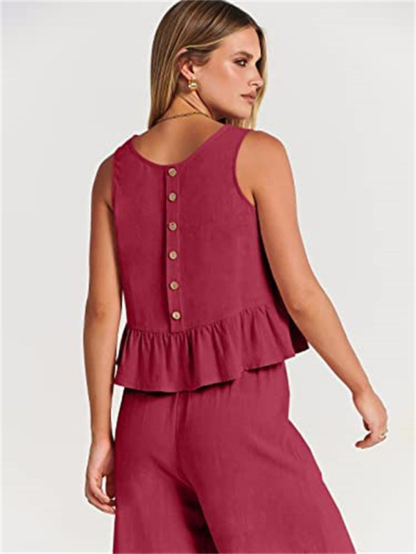 Womens Sleeveless Pleated Top Wide Leg Cropped Pants SIZE S-2XL