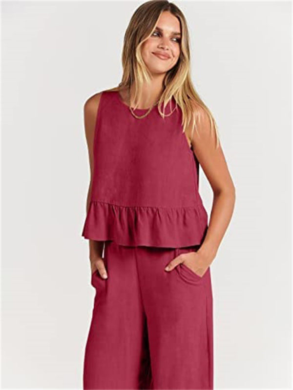 Womens Sleeveless Pleated Top Wide Leg Cropped Pants SIZE S-2XL