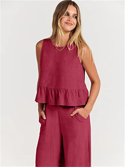 Womens Sleeveless Pleated Top Wide Leg Cropped Pants SIZE S-2XL