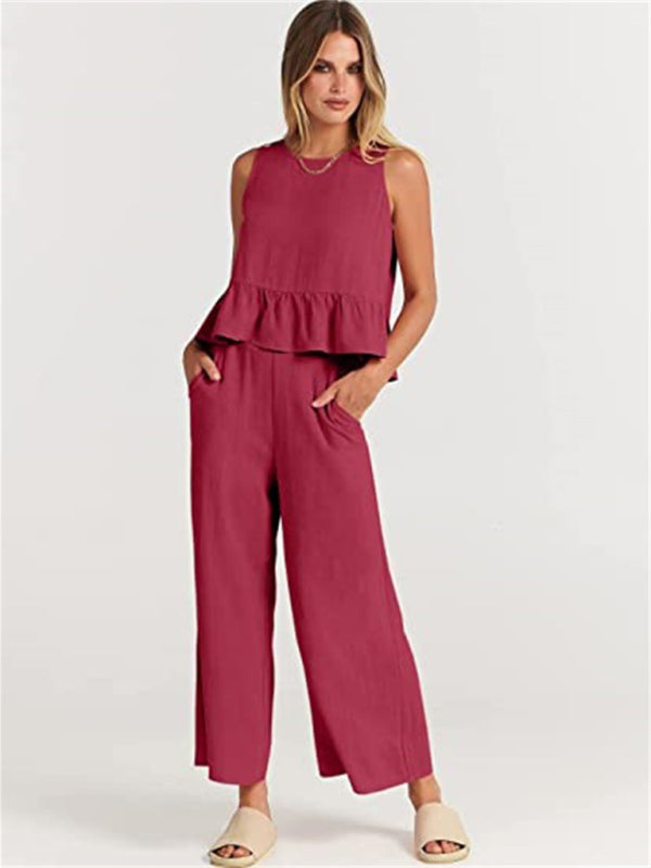 Womens Sleeveless Pleated Top Wide Leg Cropped Pants SIZE S-2XL