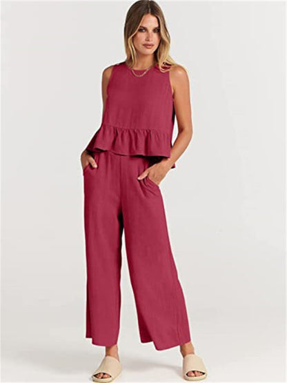 Womens Sleeveless Pleated Top Wide Leg Cropped Pants SIZE S-2XL