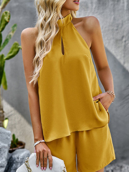 Womens Cutout Mock Neck Halter Top Two Piece Set SIZE S-XL