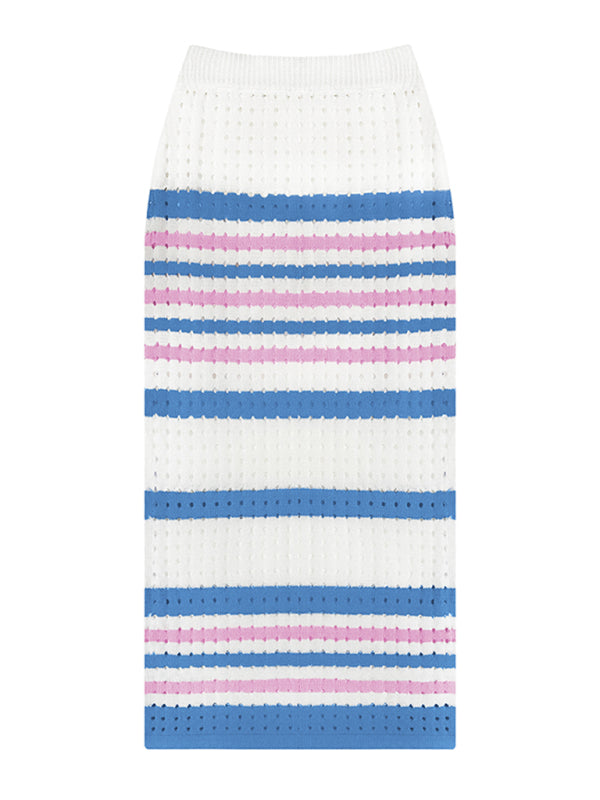 Womens Stripe Stitch Linen Crop Sweater And Matching Pencil Skirt SIZE S-XL
