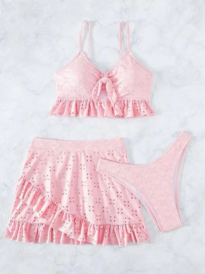 Womens Tie Front With Ruffle Hem Mini Skirt 3 Piece Set SIZE S-XL