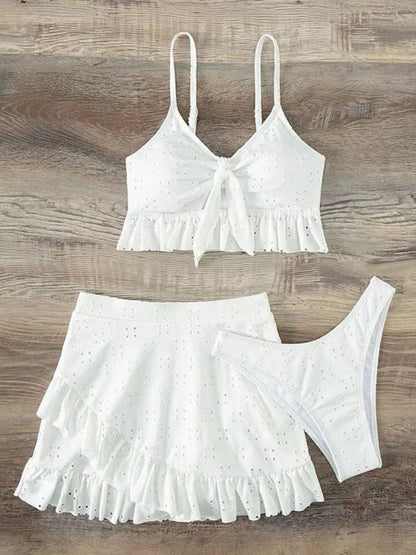 Womens Tie Front With Ruffle Hem Mini Skirt 3 Piece Set SIZE S-XL